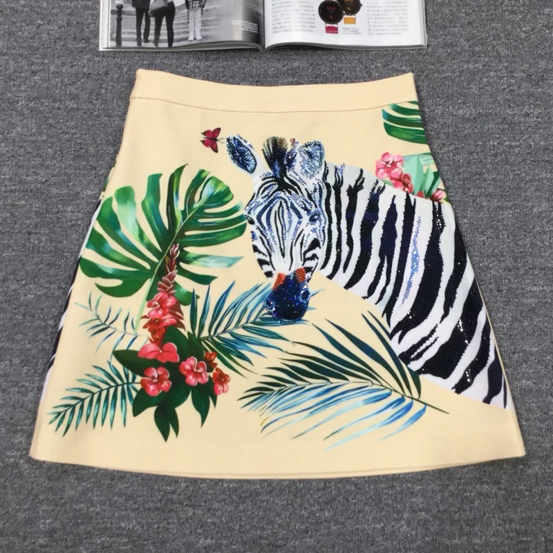 Red Roosarosee Designer Women 2 Piece Set Spring Summer Animal Print Sequins Long Sleeve Blouse Top+ Skirt Fashion Lady Suit