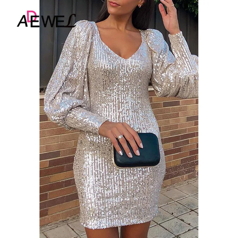 Женское вечернее платье с пышными рукавами ADEWEL черное блестящее клубное