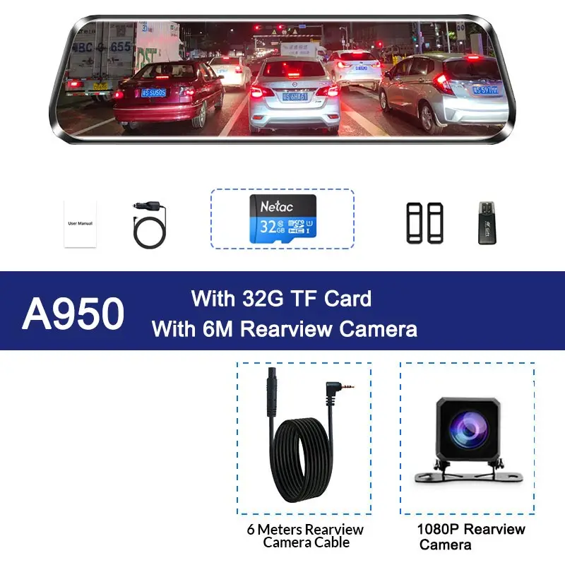 A950 -6M RC -32G Двойной 1080P 1" поток зеркало заднего вида автомобиля DVR 2.5D экран супер ночного видения Dash Cam камера видео рекордер Авто Регистратор - Название цвета: A950 -6M RC -32G