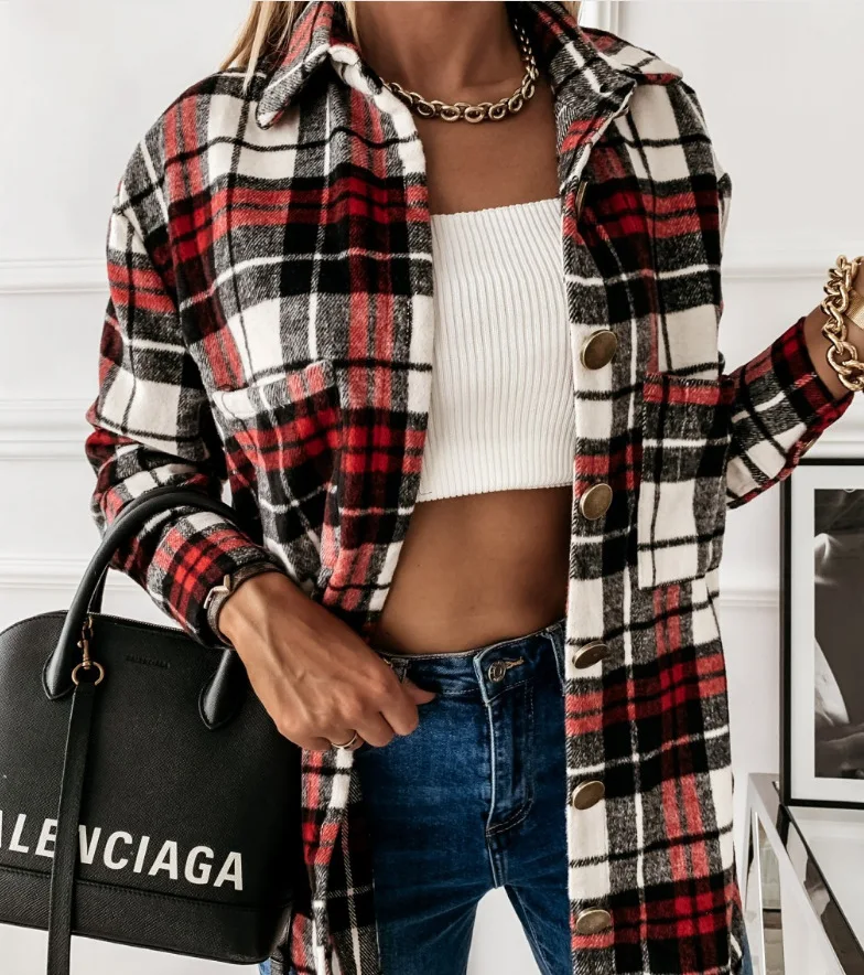 

Mandylandy Autumn and Winter Long-Sleeved Loose Plaid Coat Women's Casual Single-Breasted Vintage Turn-down Collar Long Coat