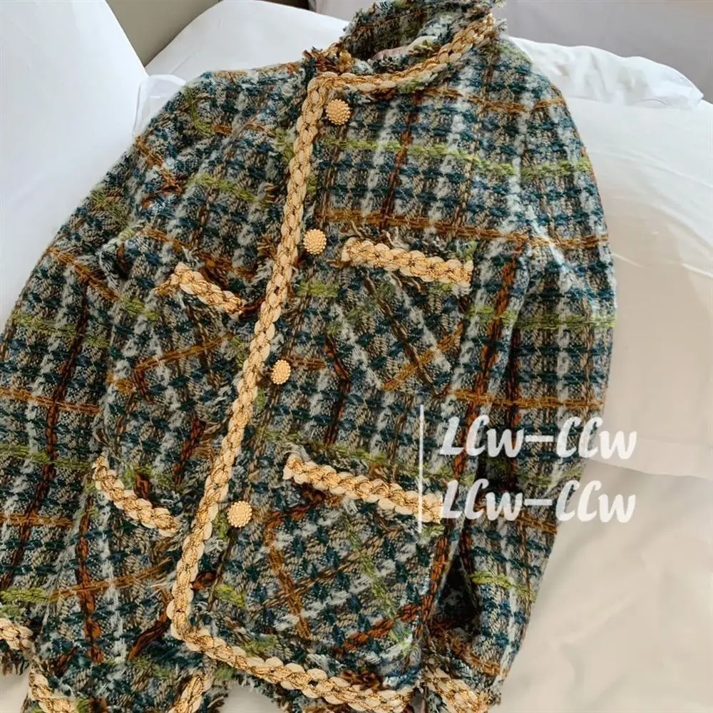 

Vintage Hong Kong Tweed Coat Outerwear Coats Channel Style Za Suit Cropped Stripeed Kawaii Knitting Faux Woolen Jackets Women