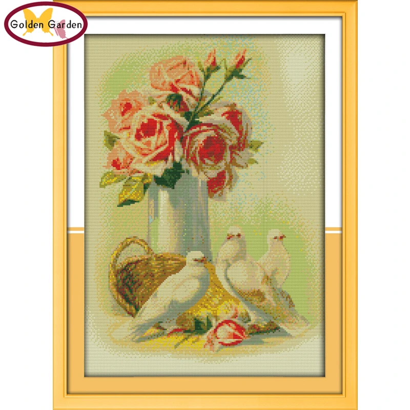 

GG Roses&Pigeons Cross Stitch Patterns Printed Design 14CT Handmade Craft Cross Stitch Embroidery Needlework Sets for Home Decor