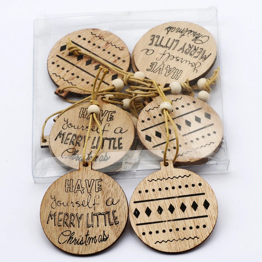 

12PCS/box Round Natural Wood Pendant Christmas/Easter Decoration Wooden Ornaments Party Supplies DIY Decoration Label 6x5.5CM