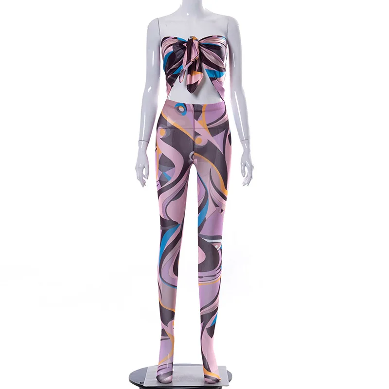 

Women's New Spring Net Yarn Slim Fashion Printing Leggings High Waist Stretch Pencil Pants With Wrap Chest