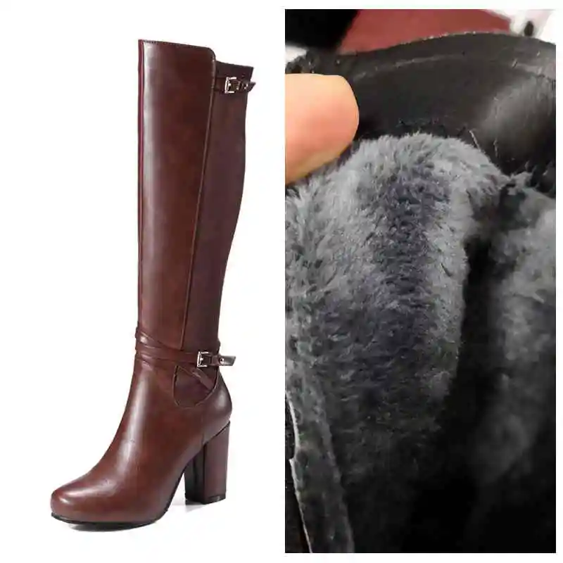 REAVE CAT/женские высокие сапоги до колена; эластичные зимние теплые сапоги с круглым носком; botas; качественная обувь на молнии; толстый каблук; A956 - Color: Brown Fur
