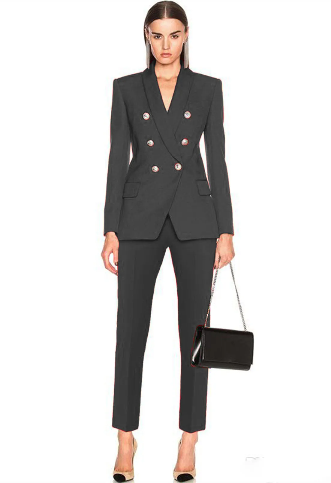 Women 2-Piece Suit Double Breasted Metal Buckle Suit Pants Formal Work Wear Business Slim Fit Blazer