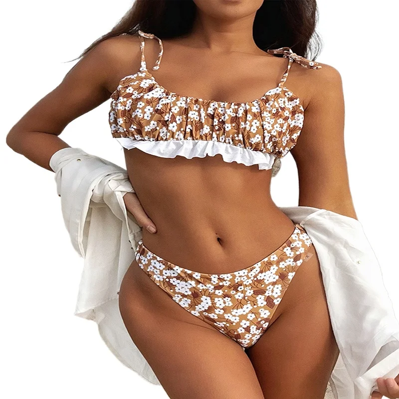 

Ruffle Bandeau Swimsuit Floral Print Coffee Lace-up Tiny String Two Pieces Swimwear Women Bikini with Padding Triangle Beachwear
