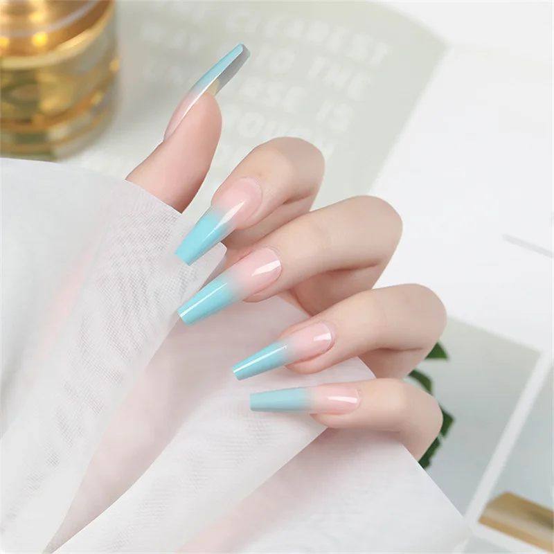 

24PCS Fashionable Blue And Red Pattern Wearable Fake Nails Press On Long Ballet Armor Lady Full Cover Finished Fingernail