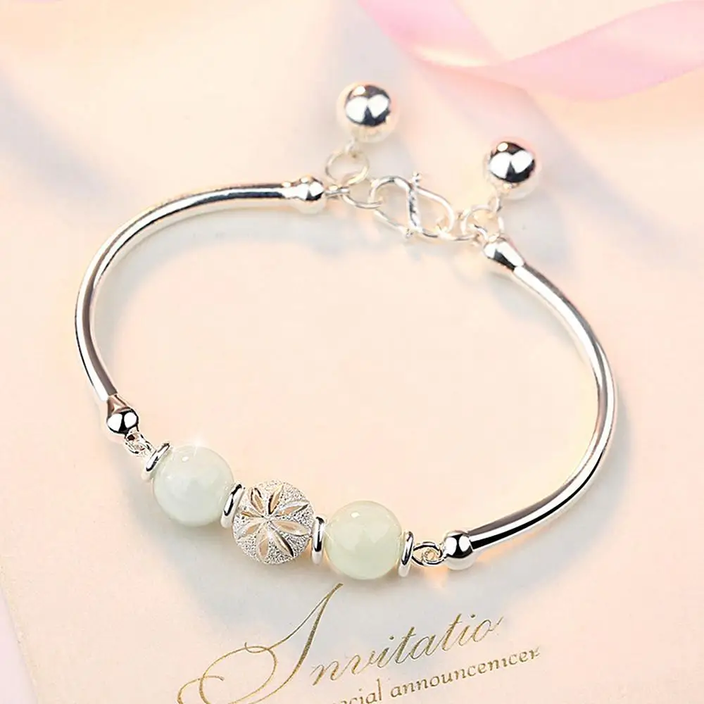 

Fashion jade beads charms bangle bracelets for women white gold silver color chain jewelry bijoux fashion accessories gifts new