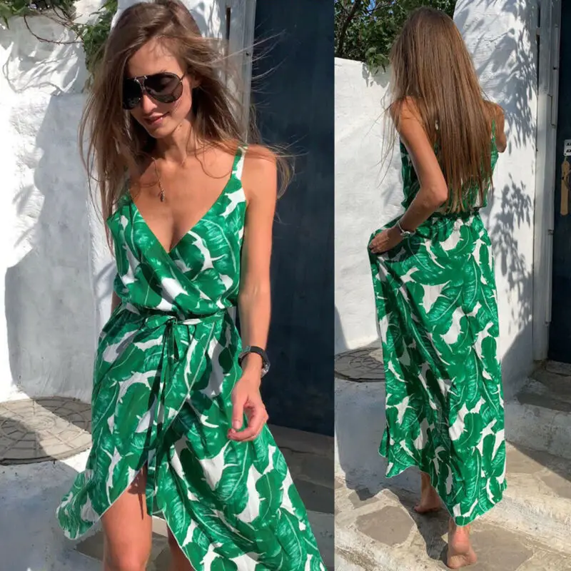 

Women Summer Sleeveless Dress Adults Sexy Backless Leaf Print V-neck Long dress