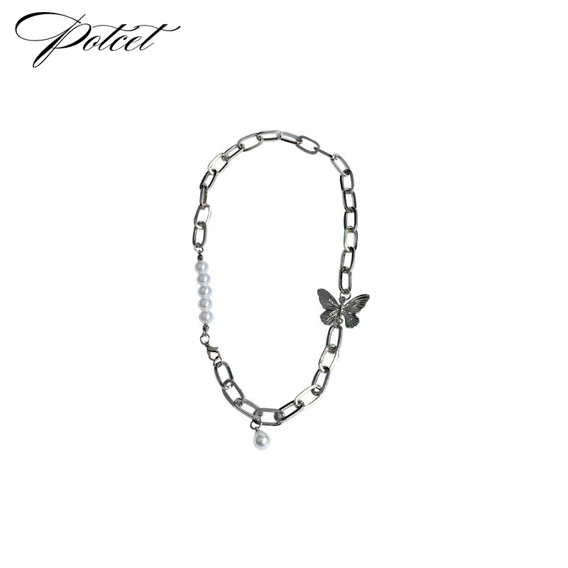 

POTCET Women's Pearl Butterfly Stitching Necklace Pendant Sweater Chain Geometric Fashion Hip Hop Party Jewelry