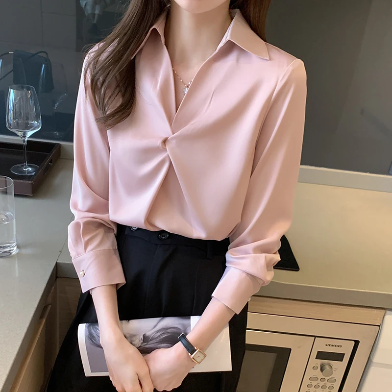 

JXMYYY 2021 spring pink drape shirt female design sense light mature small acetate satin ins wind topT:1228