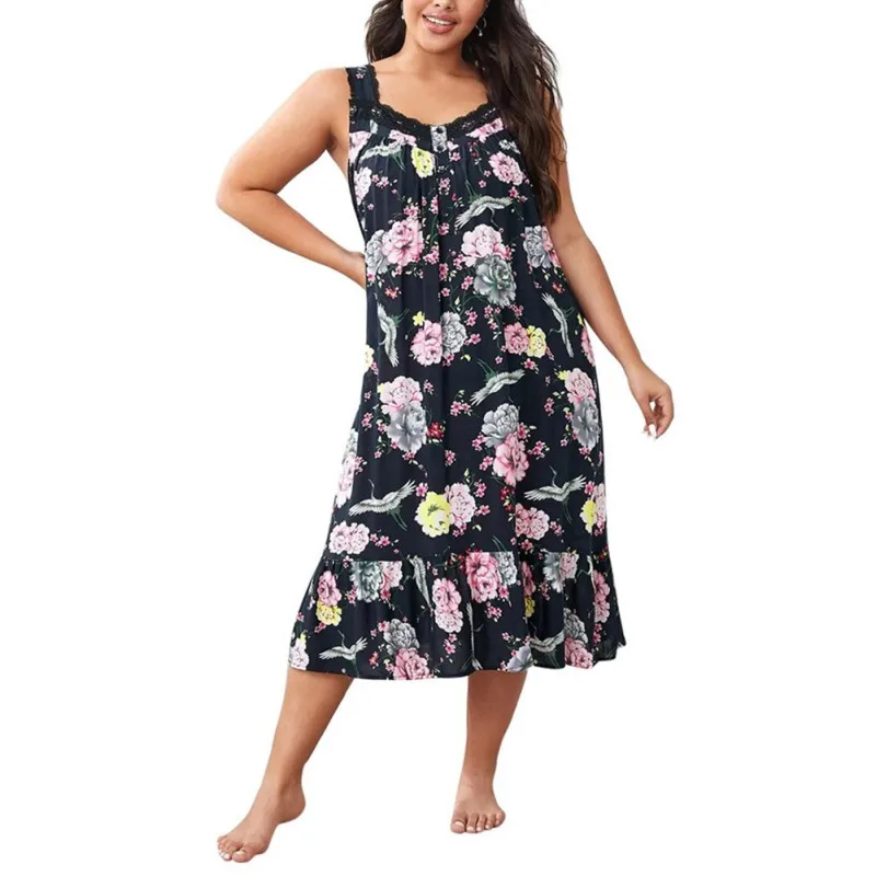 

Women's Summer Plus Size Sleeveless Printed Floral Nightdress Casual Long Skirt Home Wear