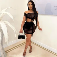 skmy 2021 summer 2 piece sets womens outfits new nightclub fashion off shoulder perspective drawstring pleated sexy skirt suit