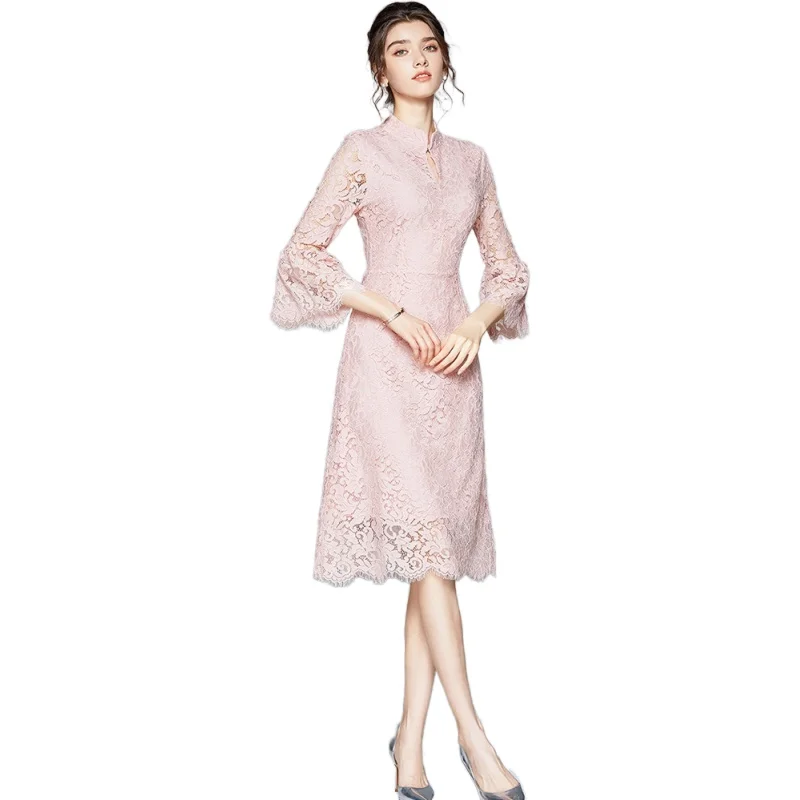 

Simgent Women Dress Lace Ruffle Sleeve Stand Collar Lace Hollow Out Hole Ladies Elegant Dress Vestidos Dames Jurken SG07305