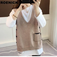 roenick sweaters vests women solid pocket side split button knitted v neck sweater vest womens korean style loose leisure simple