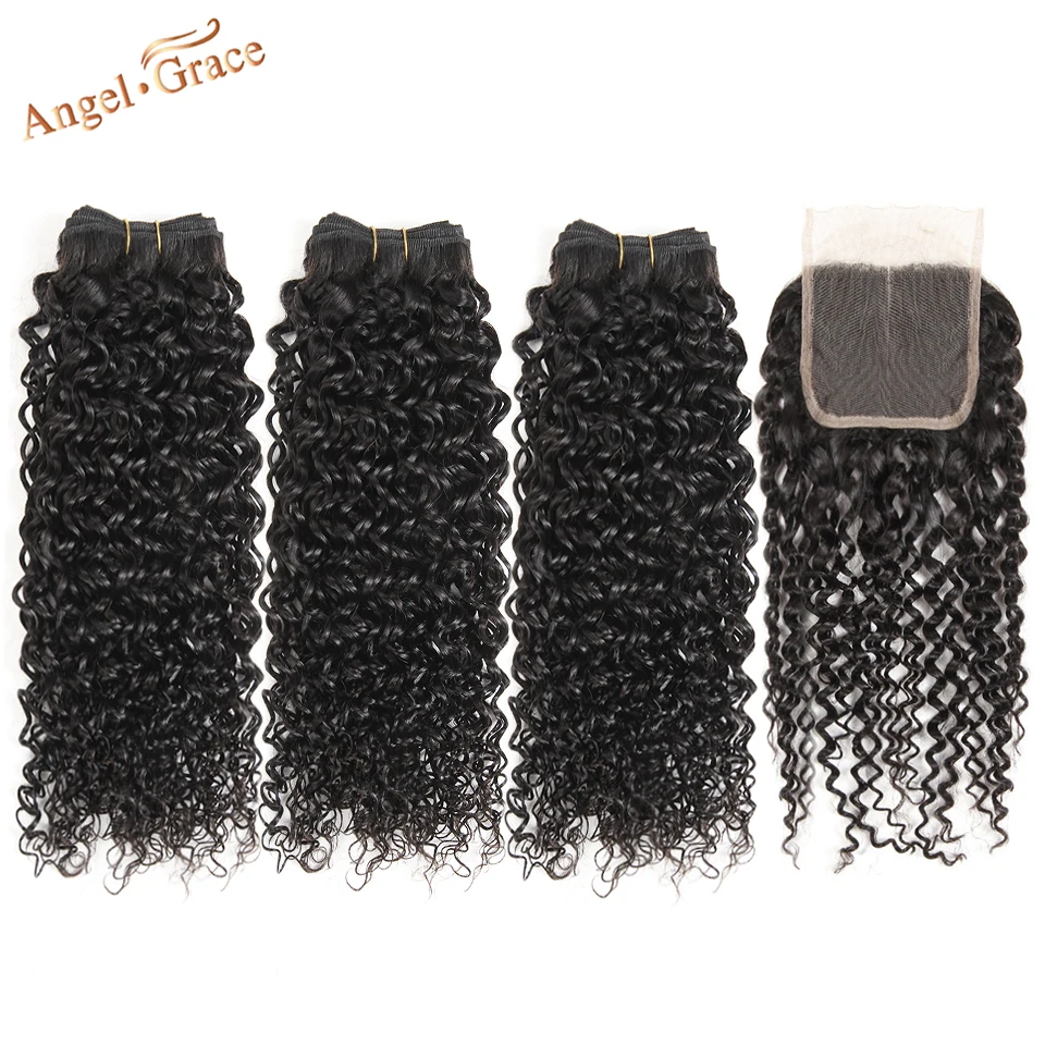

Angel Grace Hair Malaysian Kinky Curly Human Hair 3 Bundles With Closure Free/Middle Part Lace Closure Remy Hair Extensions