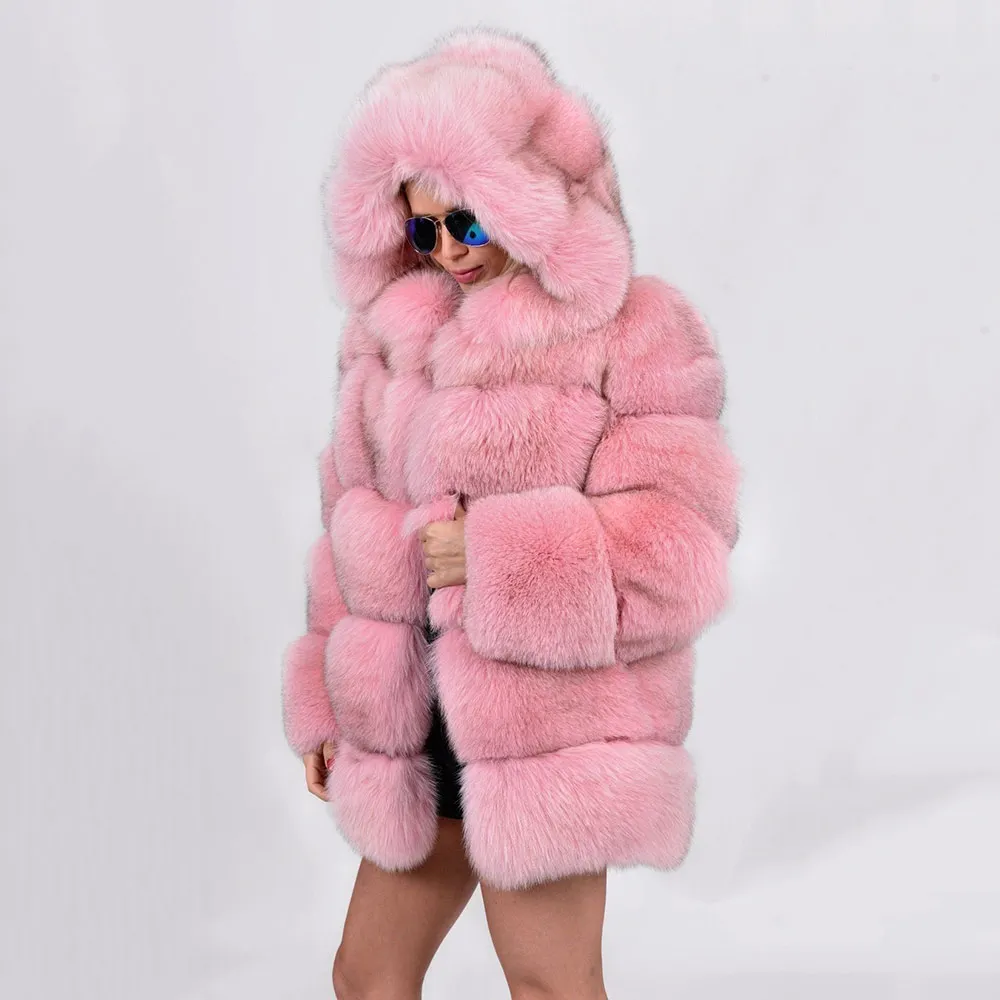 Natural Pink Real Fox Fur Coats With Hood Thick Warm High Quality 2022 Trendy Whole Skin Genuine Fox Fur Jackets Medium Length