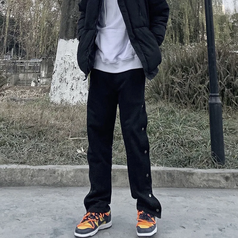 

Double Side Button Jogger Sweatpants Men Elastic Wasit Streetwear Loose Casual Hip Hop Trousers Wide Leg Cargo Pants KZ590