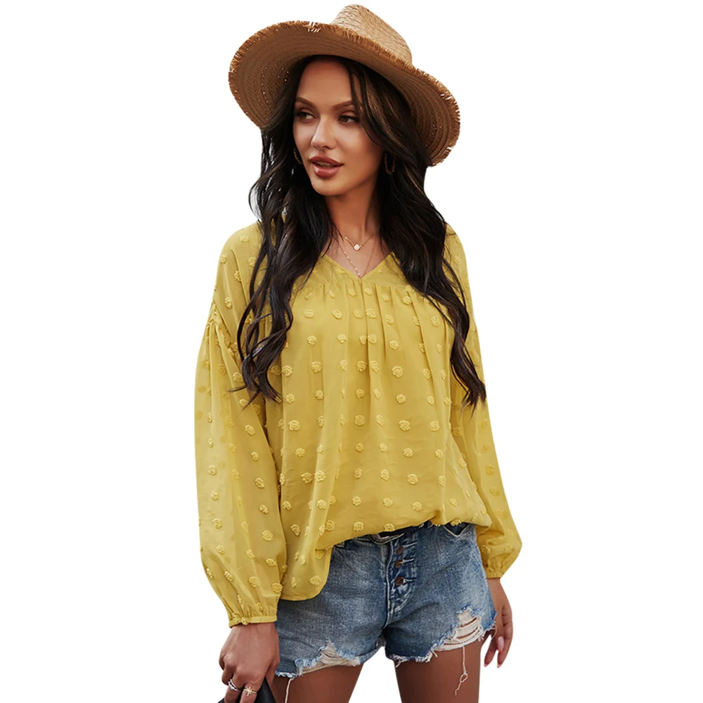 

IZALEWIS Fashion Women Top V-neck Solid Tshirts Summer Women Fashion Tops Vintage Long Sleeve Blouse Flocking Casual Full Tops