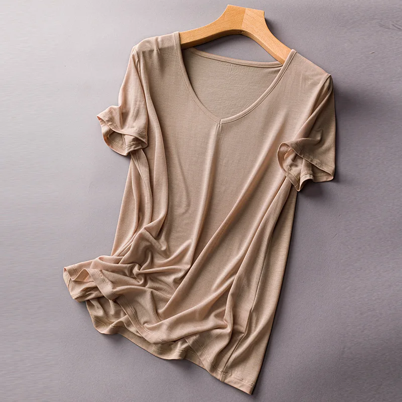Мягкая женская футболка с треугольным вырезом 90% шелка SO0065 Новинка лета