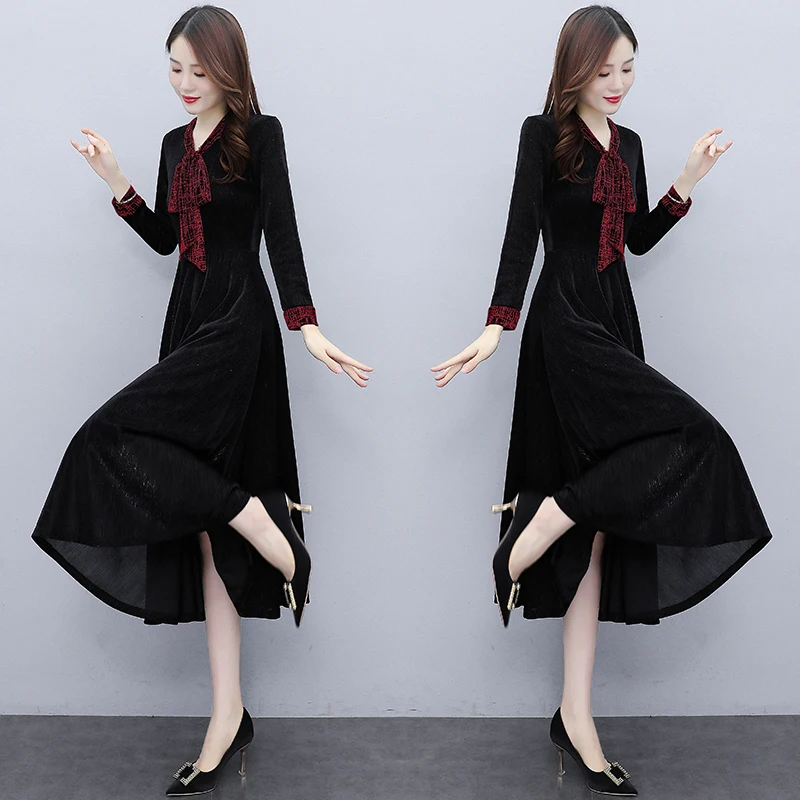

Autumn New Women's Dresses V-neck Dress Bow Type A Girl Long Sleeve Solid Color Fashion Loose Splicing Casual