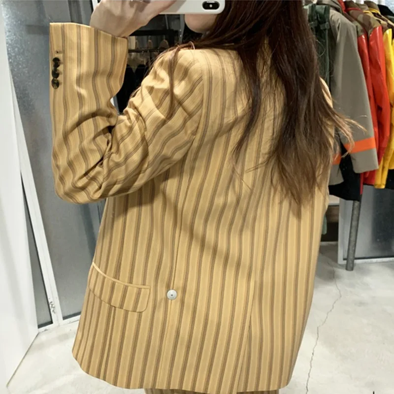 

Women Wool Blazer Double Breasted Vertical Stripes Temperament 2020 New Long Sleeve Loose Suit Coat