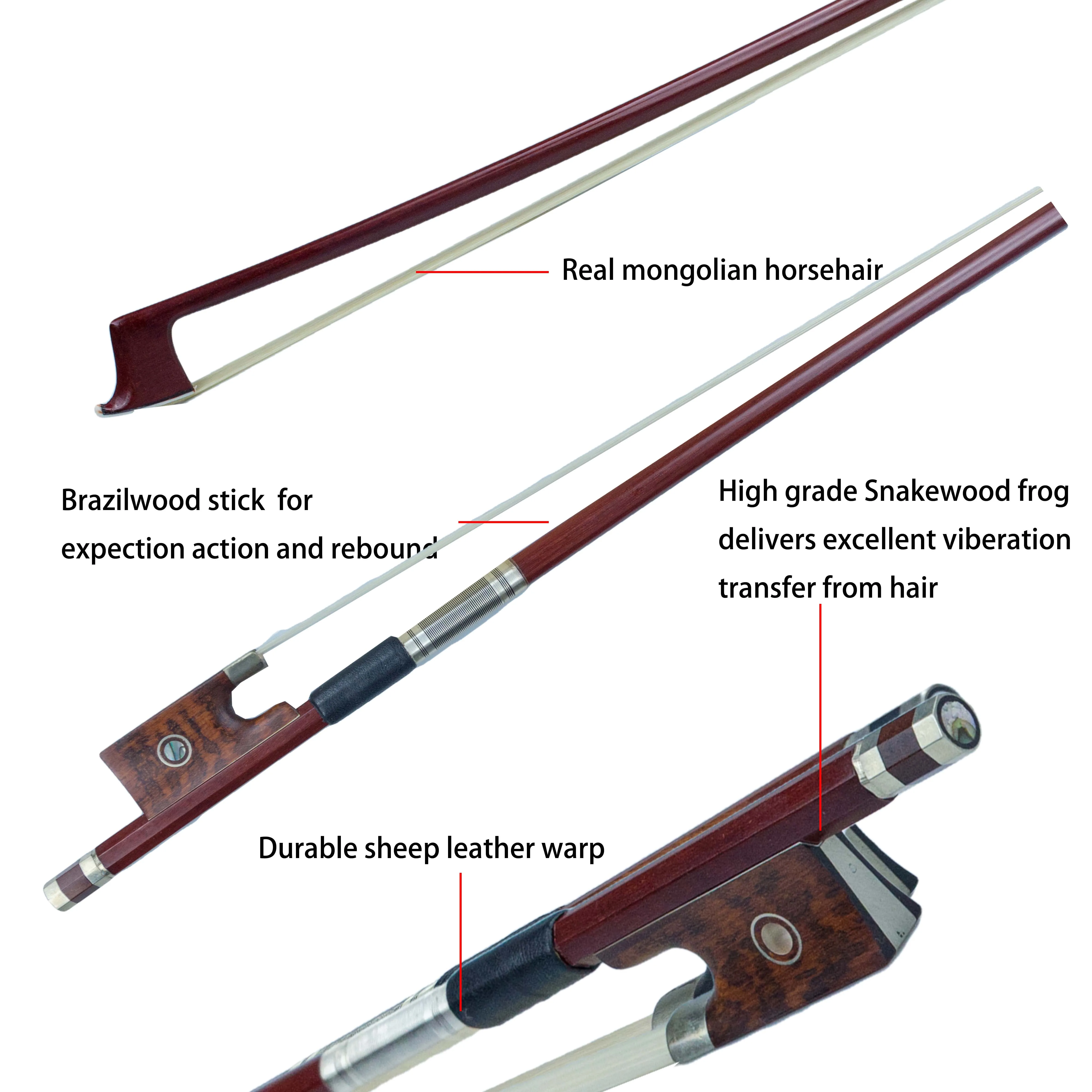 NAOMI 4/4 Size Violin/Fiddle Bow Brazilwood Bow Round Stick White Horsehair W/Snakewood Frog Horsehair Well Balance