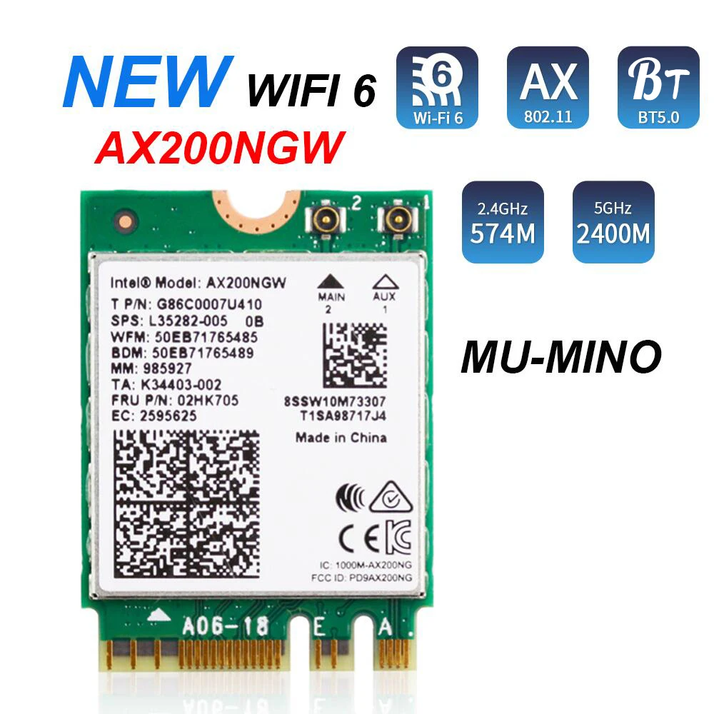 

WiFi Antenna 2pcs Dual Band 2.4G/5G 6dBi with Base Bracket Cable and Intel AX200 2974Mbps NGW 802.11AX Wireless Network Chip Set