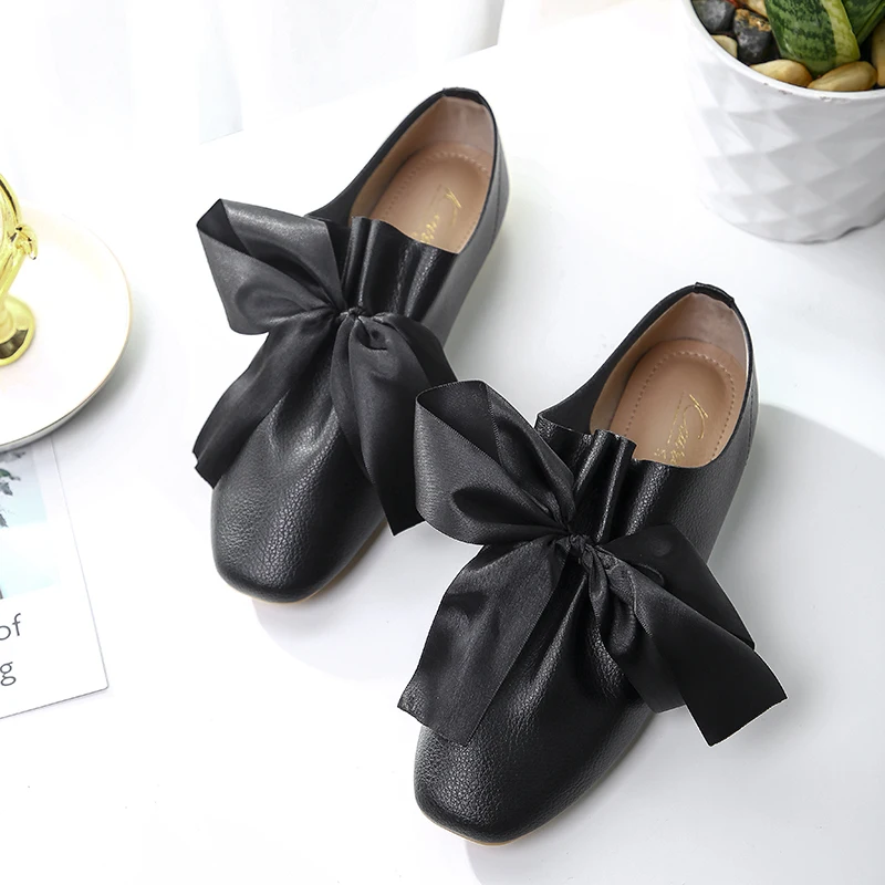 

square toe riband lace up flat shoes woman silk bow espadrilles 42 43 plus size slip on loafers white leather fairy mules y838