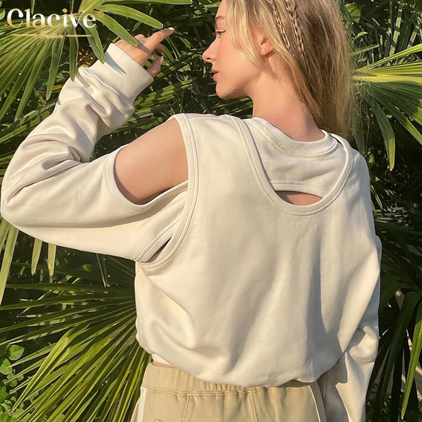 

Clacive Fashion Patchwork Beige Long Sleeve Women T-Shirt Autumn O-Neck Hollow-Out Top Woman Streetwear Solid Crop Top Hooded