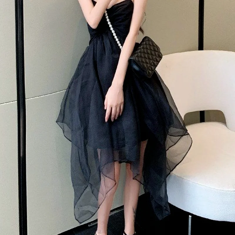 

Dress Women Solid Color Fairy Knee-length Chain Straps Design Fashionable Elegant Mesh Asymmetrical Sundress Ladies Retro Party