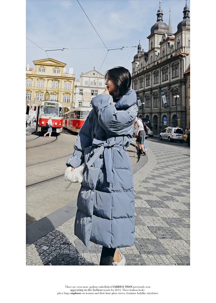 Hong Kong Style Thick Long Lace-up Cotton Coat Women's Winter Style Students Cotton-padded Jacket down Feather Cotton-padde