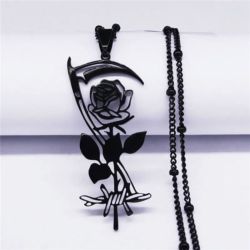 

New Fashion Goth Sickle Rose Stainless Steel Charm Necklaces for Women Black Color Necklaces Jewelry colier femme N4420S02