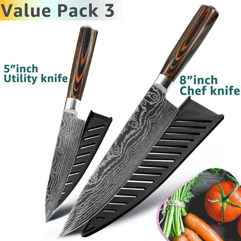 Value Pack 3 Набор кухонных ножей поварские ножи 7CR17 440C из высокоуглеродистой нержавеющей стали дамасский нож для нарезки мяса сантоку набор из 5 предметов - Цвет: Value Pack 3