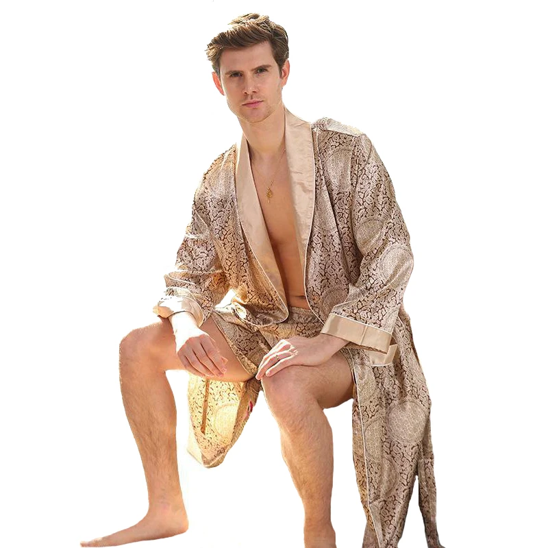 Халат атласный мужской с длинным рукавом длинная нежная пижама принтом кимоно
