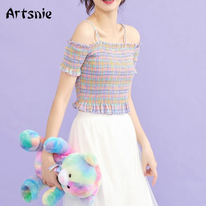 

Artsnie vintage plaid shirt women summer strap ruffles short sleeve crop tops female casual skinny slash neck blouses blusas