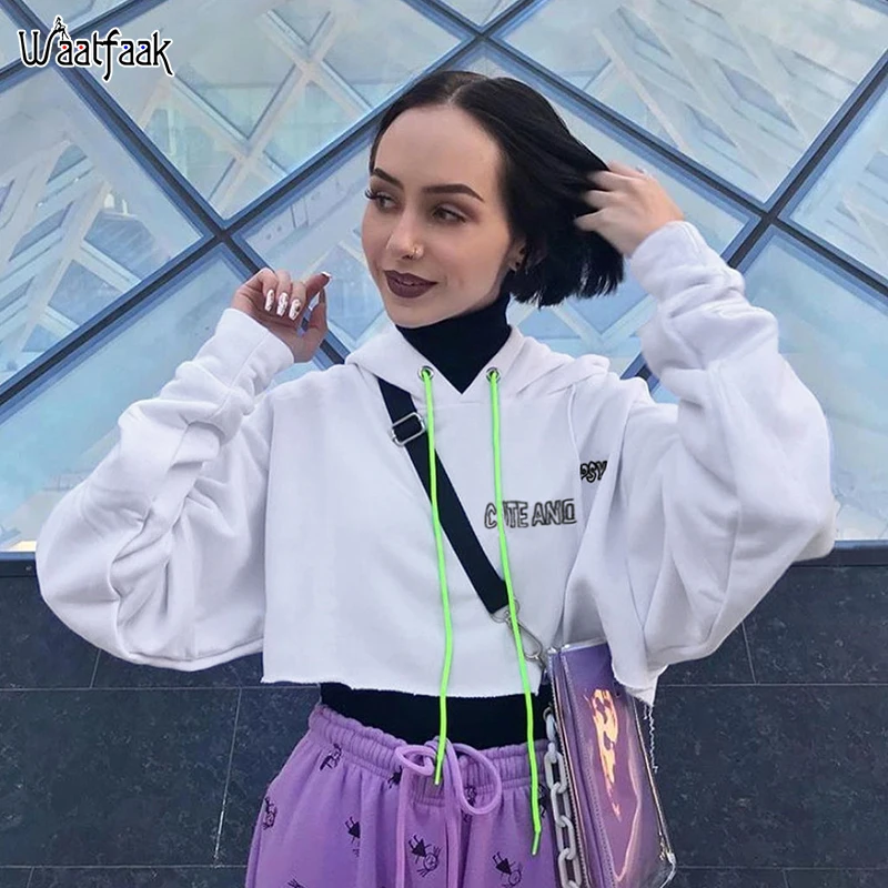 Waatfaak Hoody Whith женская укороченная Толстовка с буквенным принтом рукав «летучая мышь» контрастная уличная Короткая Толстовка Осень Зима