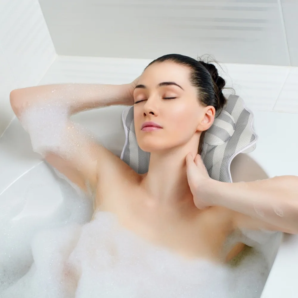 Bathroom Pillow Neck Support Anti-Slip Belt 6 Powerful Suction Cups 3D Mesh Mold Design Bath Pillows Waterproof and Quick Dry