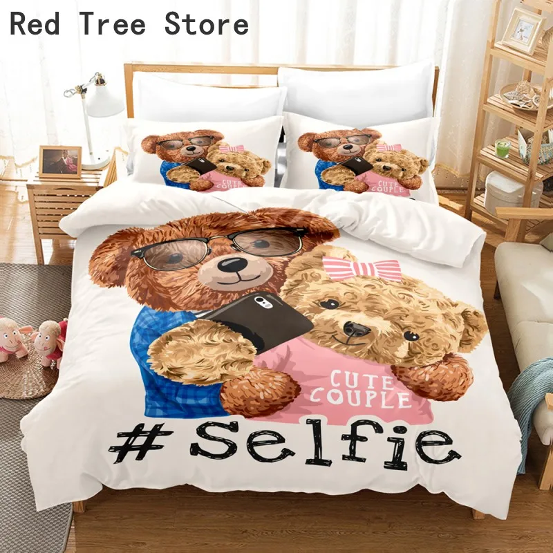 

Drop Shipping Cartoon Teddy Bear Duvet Cover Pillowcase Set Twin Full Single Size Bedding Sets 2-3 Pieces No Sheet 3D Comforter