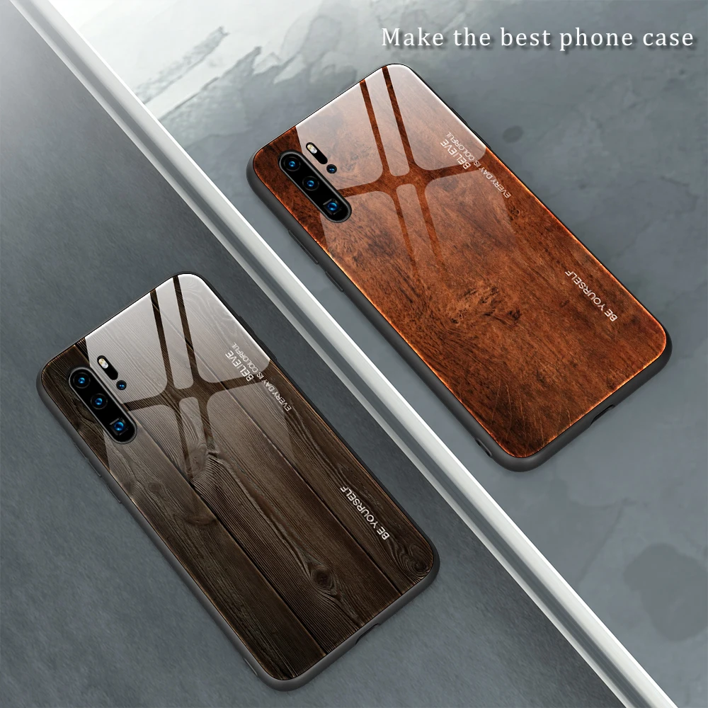 

Luxury Tempered Glass Case For HUAWEI P40 P30 lite Mate 30 Pro Classic Wood Grain Protective Back Cover Case