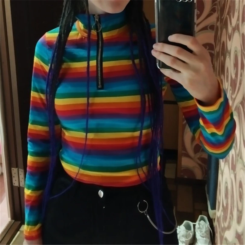 Женская водолазка с длинным рукавом разноцветная футболка на молнии модель
