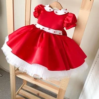 red baby girls dresses tiered skirt pearls infant girls first birthday dress kid clothes christmas gown