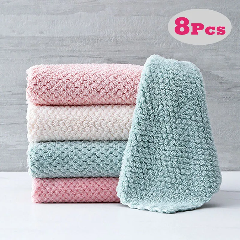 

2/4/8pcs Soft Microfiber Kitchen Towels Absorbent Dish Cloth Anti-grease Wipping Rags Non-stick Oil Household Cleaning Towel