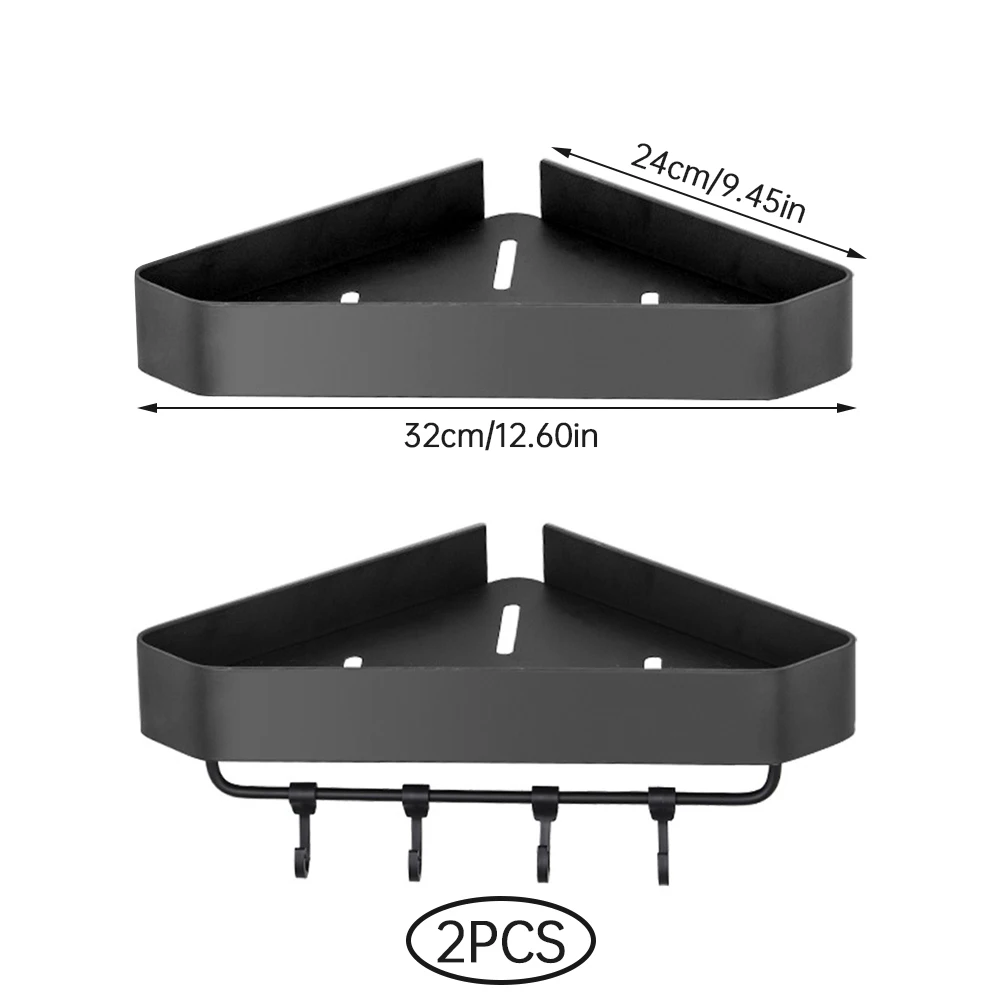 

Bathroom Shelf Organizer Shower Storage Rack Black Corner Shelves Wall Mounted Aluminum Toilet Shampoo Holder Hooks 2PCS