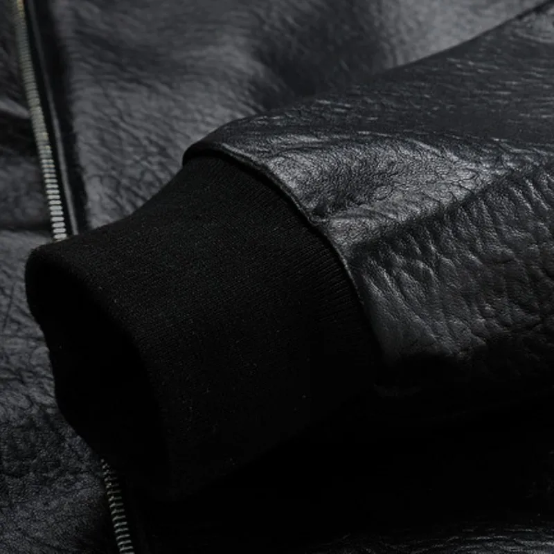 

New Fashion Mens Stand Collar Sheepskin Bomber Jacket Slim Fit Short Biker Coat Male Zip Motorycle Genuine Leather Pilot Jackets