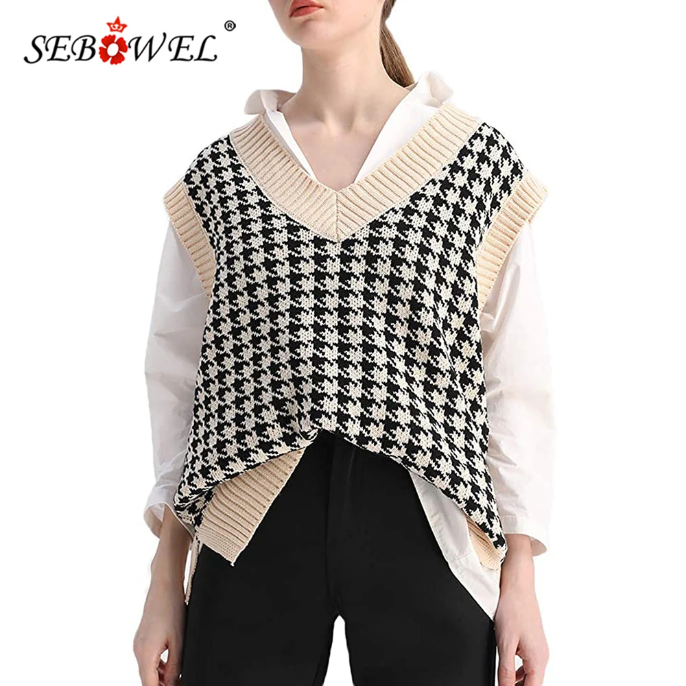 

SEBOWEL Woman Houndstooth V-Neck Sleeveless Pullover Kintted Sweater Female Autumn Winter Casual Plus Size Slim Jacket Vest XXXL
