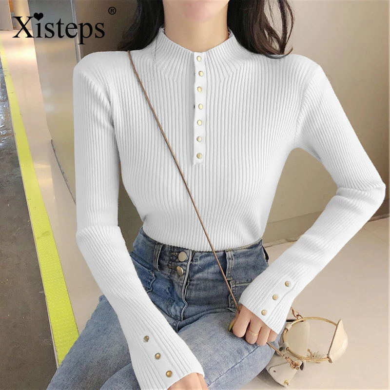 

Белый вязаный женский облегающий свитер Xisteps, пуловер, нижняя одежда, топы с ложным воротником и длинными рукавами, офисный женский однотонн...