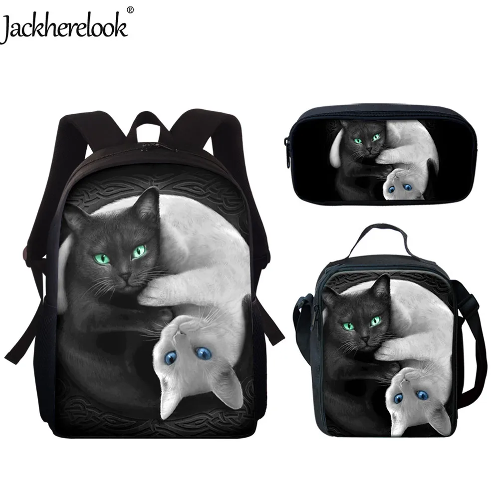 Школьный комплект Jackherelook для девочек-подростков, комплект из черного рюкзака на плечо с мультяшным принтом Луны, кошек, Женский ранец, портф...