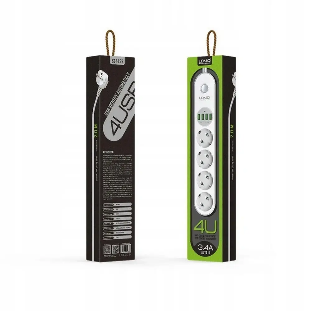 Сетевой фильтр электрический удлинитель переноска адаптер на 4 розетки USB 3.4A 17W